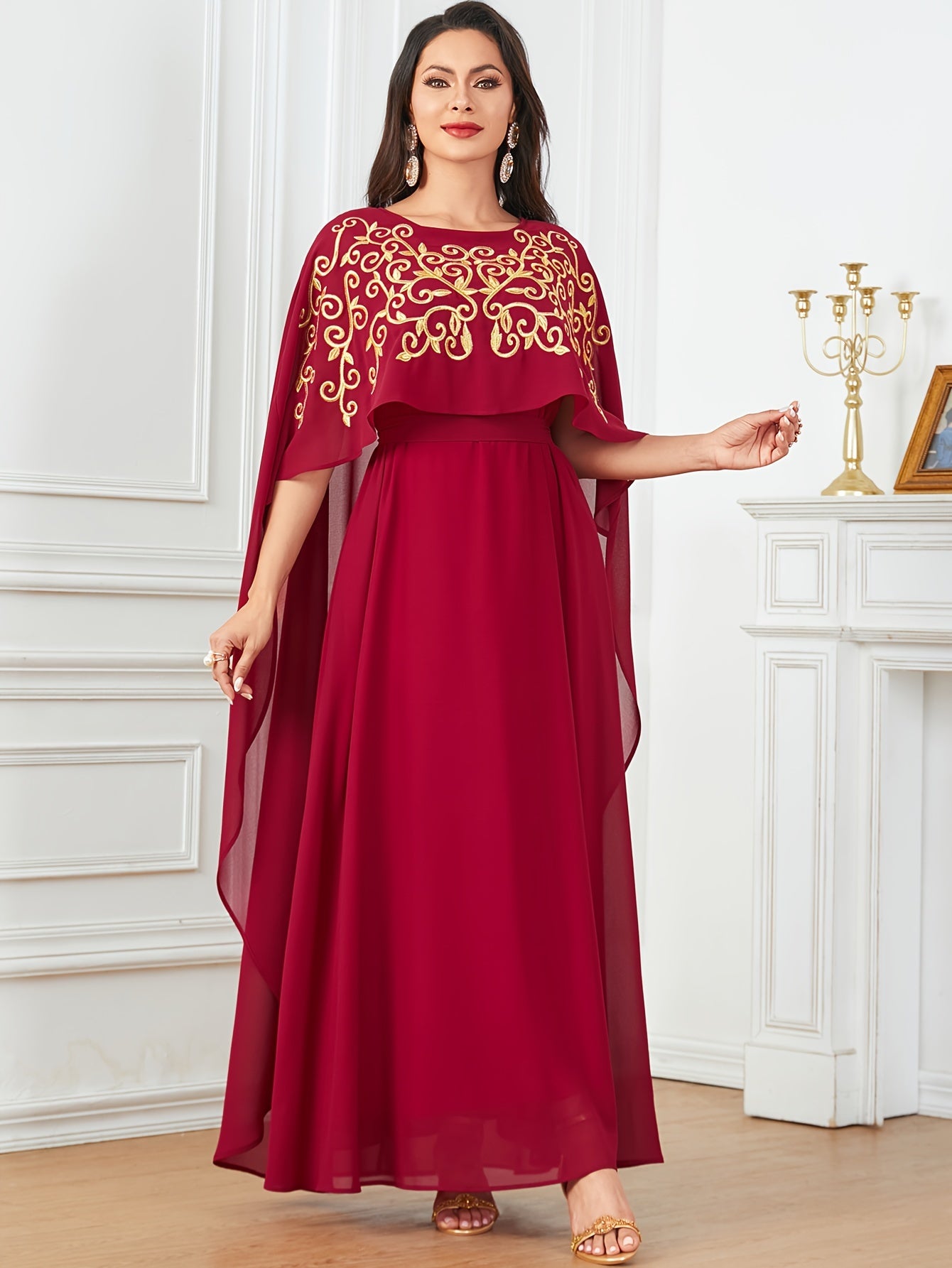 Stylish Long Cape with Lace Edge and Embroidery, Two-piece Set, Robe with Waistband and Body-hugging Abaya Dress