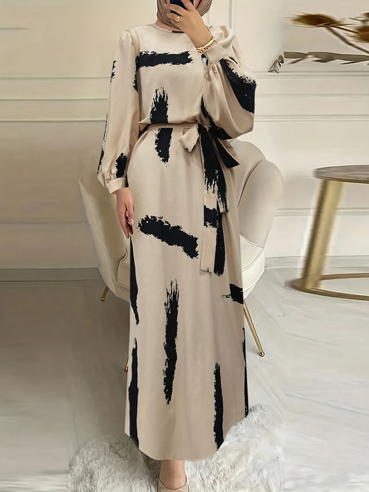 Women's Middle Eastern-Inspired Baju Abaya with Adjustable Waist Belt - Long Sleeve Full-Body Print, Machine Washable Lightweight Fabric, Beige & Black All-Season Modest Cover Dress