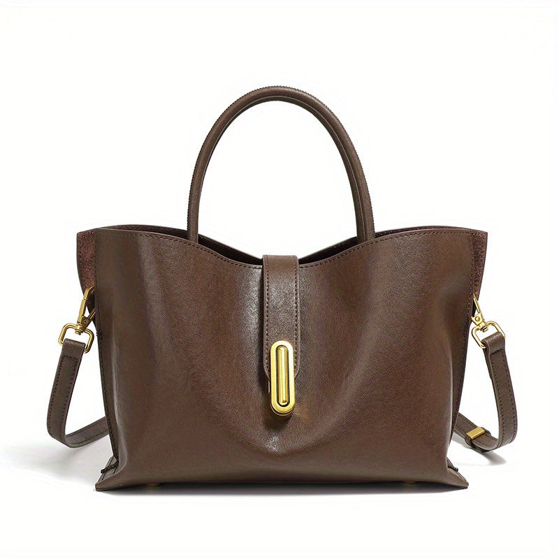 Genuine Leather Women's Crossbody Tote Bag - Vintage Style with Golden-Tone Buckle Closure