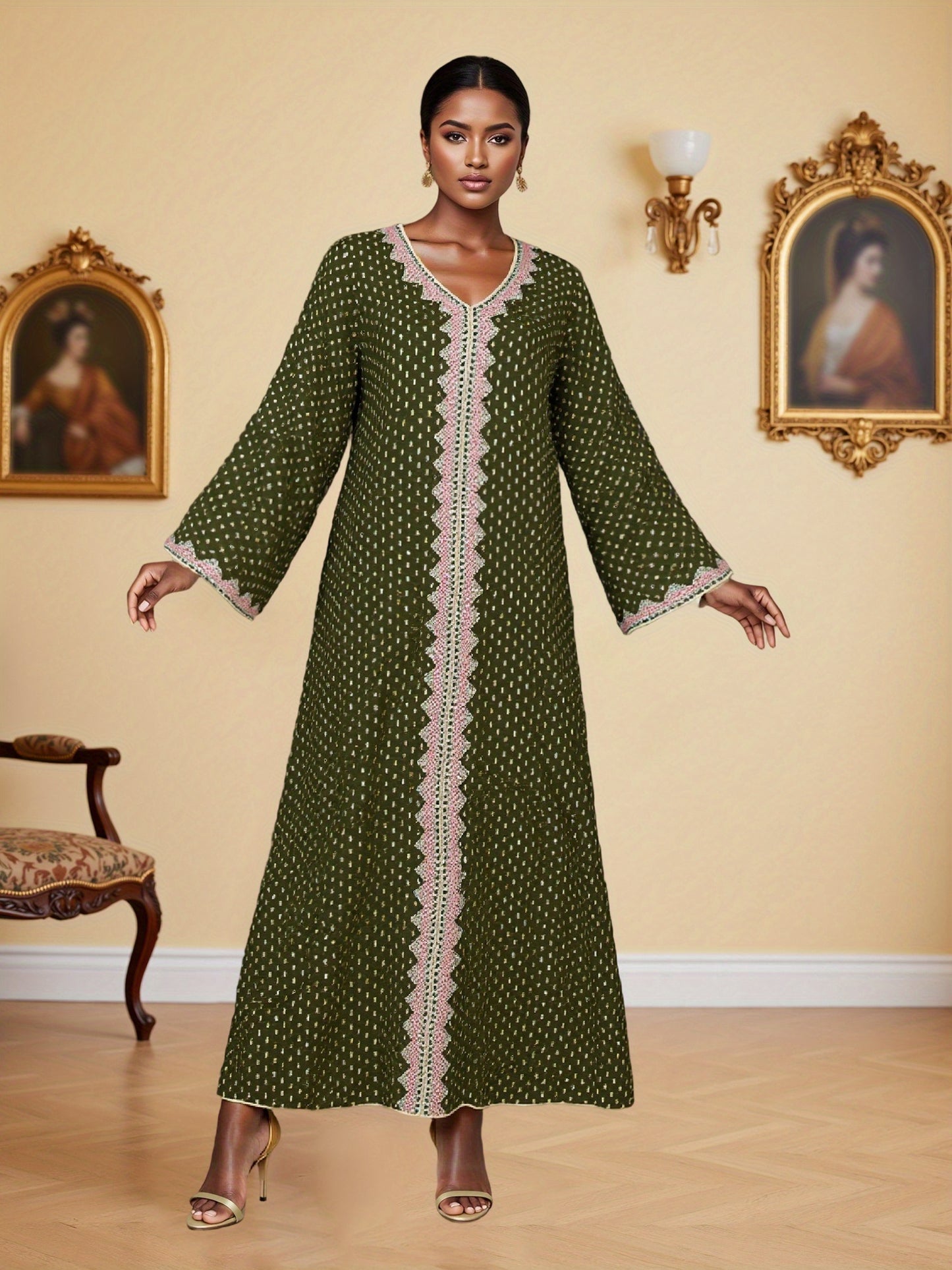Elegant V-Neck Long Sleeve Baju Abaya Dress for Women - Green & White Polka Dot, Loose Fit with Pockets, Perfect for Daily Wear, Spring/Fall Fashion, Casual Attire | V-neck Dress | Polyester Fabric