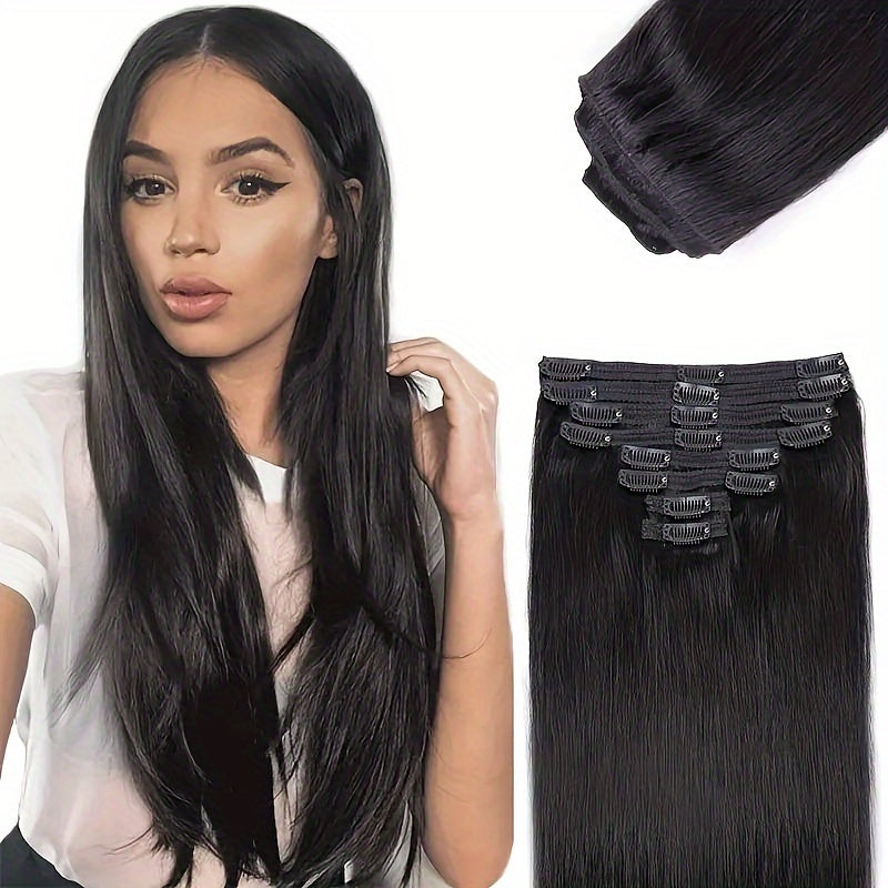 8 Pieces Straight Real Human Hair Clip In Hair Extensions | Remy Brazilian Black Human Hair | Double Wefted Clip In Hair Extension