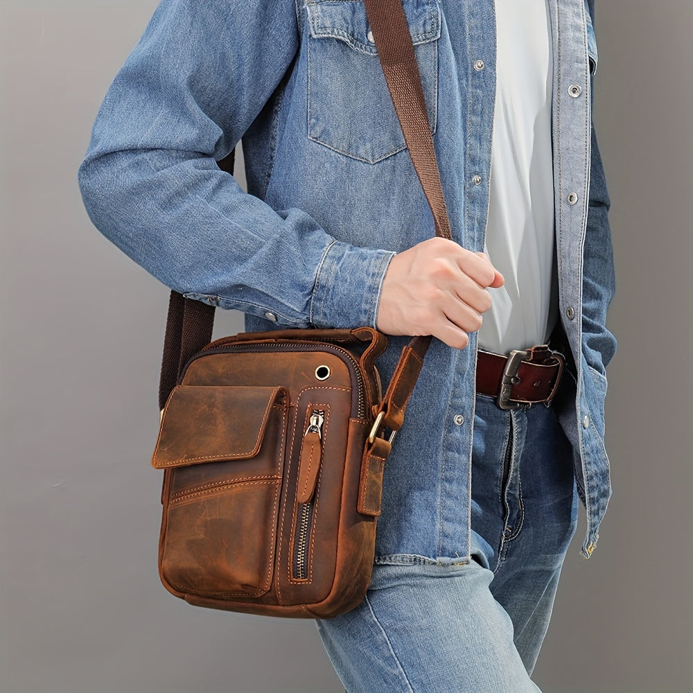 Crazy Horse Leather Shoulder Bag For Men, Fashionable Sling Bag For 7.9-in Tablet, Retro Crossbody Bag For Hanging Out & Daily Commute