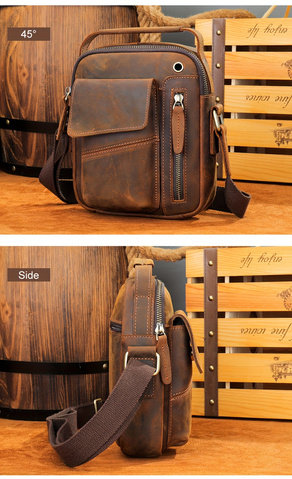 Crazy Horse Leather Shoulder Bag For Men, Fashionable Sling Bag For 7.9-in Tablet, Retro Crossbody Bag For Hanging Out & Daily Commute