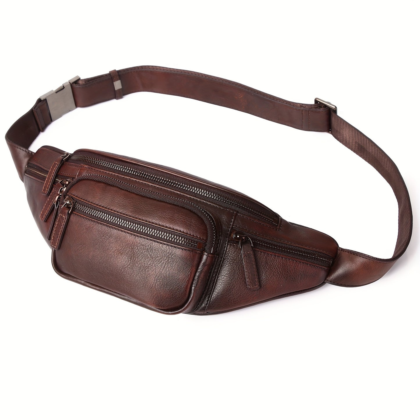 Premium Genuine Leather Fanny Pack for Men & Women - Adjustable Sling Bag with Multiple Zipper Pockets, Brown Leather Crossbody Chest Bag
