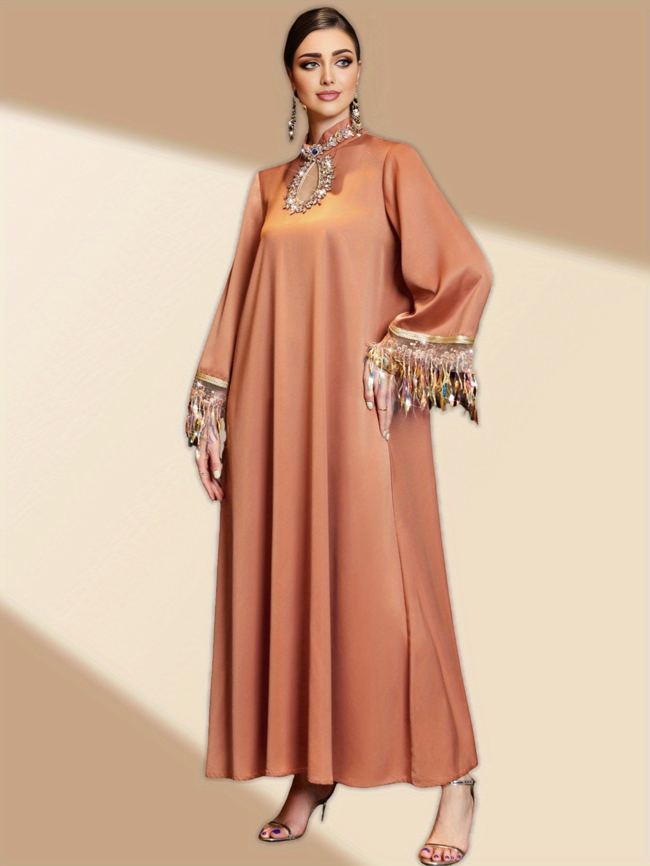 1pc Elegant Solid Color Polyester Maxi Dress with Rhinestone Detailing and Tassel Fringe, Long Sleeve Butterfly Abaya, Woven All-Season Gown