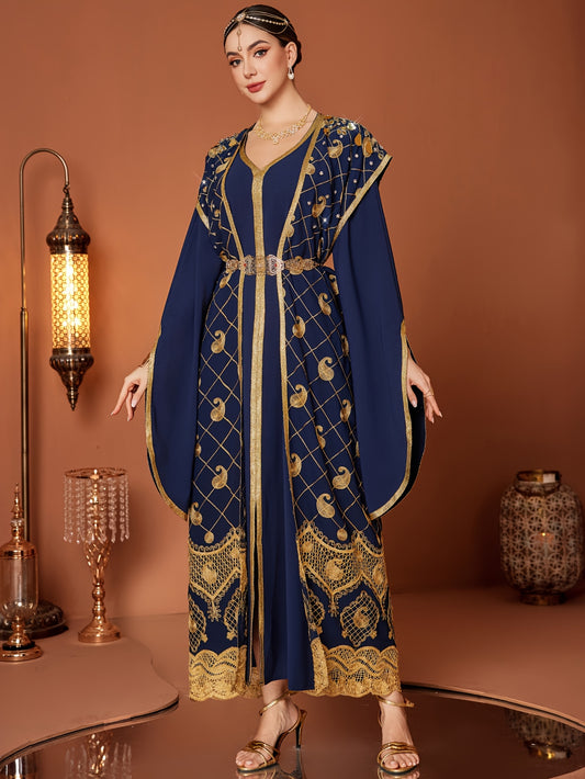 Elegant Long Sleeve Abaya Gown Dress | Women's Middle Eastern-Inspired Navy Blue & Golden Lace Trim - Lightweight 100% Polyester, Belted Waist, Hand Wash Only, Spring/Summer Casual to Formal Wear