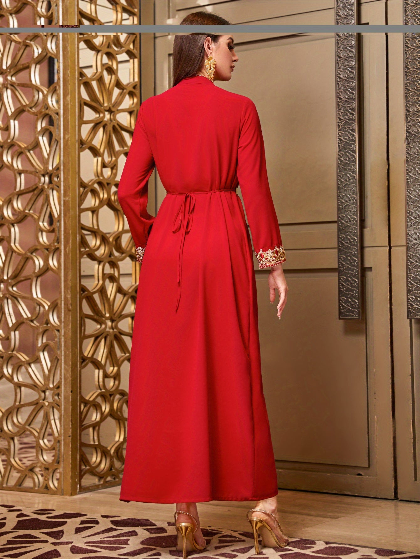 Elegant Red Faux Two-Piece Casual Middle Eastern Abaya Gown Dress for Women - Traditional Attire with Sparkling Rhinestone Embellishments, Lantern Sleeves, and a Belted Waist