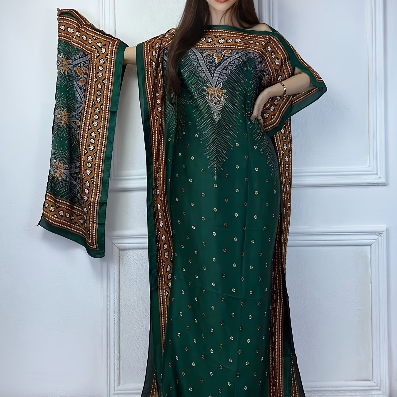 Women's Elegant Short Sleeve Loose Fit Long Dress - Traditional Middle Eastern Baju Abaya with All-Over Floral Print, Adjustable Waist Belt & Boat Neck Scarf - Breathable Machine-Washable