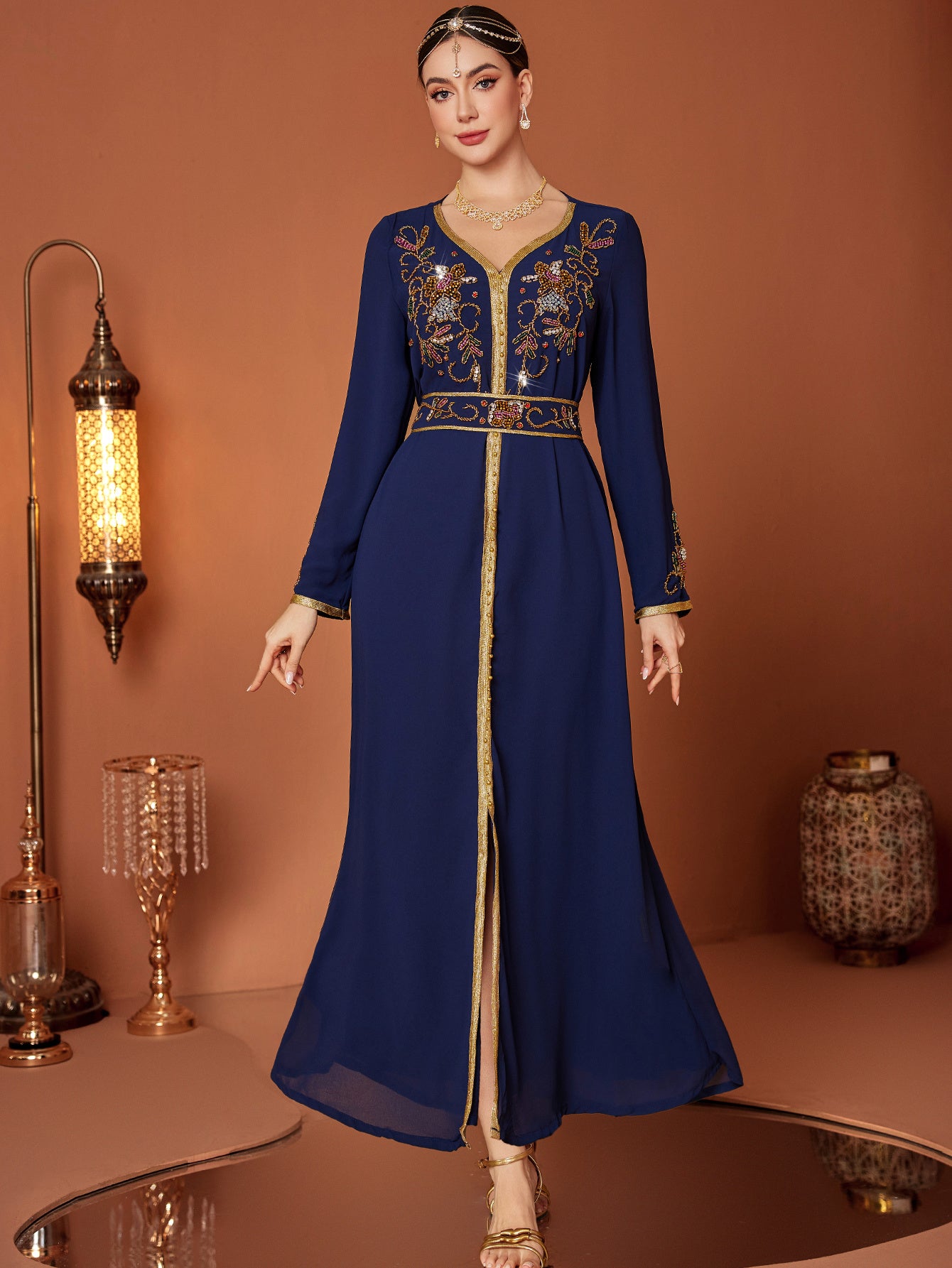 Elegant Navy Blue Embroidered Abaya Dress with Golden Accents and Belt
