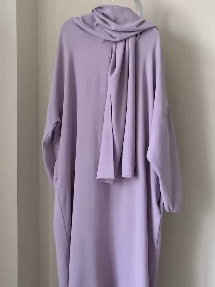 Elegant Crepe Hooded Jibab Abaya Hijab | Modest Long Sleeve Full Coverage Prayer Dress with Attached Scarf & Pockets, Machine Washable Medium Stretch Solid Color