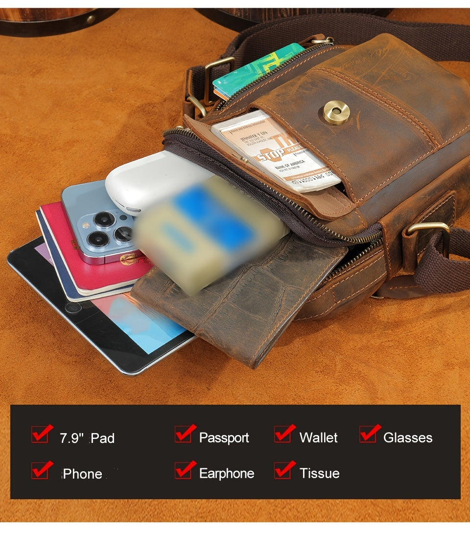 Crazy Horse Leather Shoulder Bag For Men, Fashionable Sling Bag For 7.9-in Tablet, Retro Crossbody Bag For Hanging Out & Daily Commute