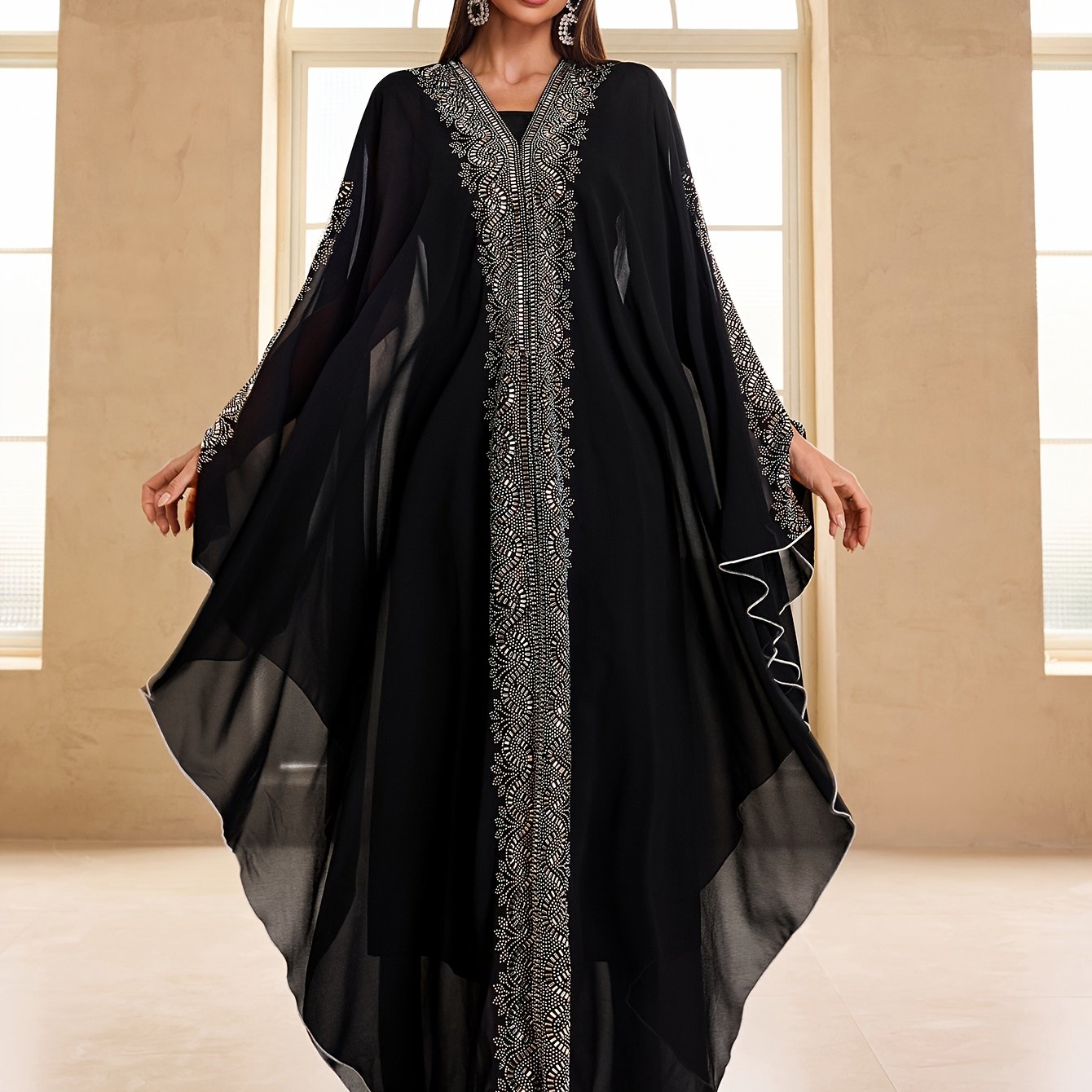 Women Modest Festival Abaya Dress Arabic Style Rhinestone Chiffon V-Neck 2pcs Set Prom Party Long Dress Turkish Style Hooded Long Sleeve Dress Kaftan Arabian Dress