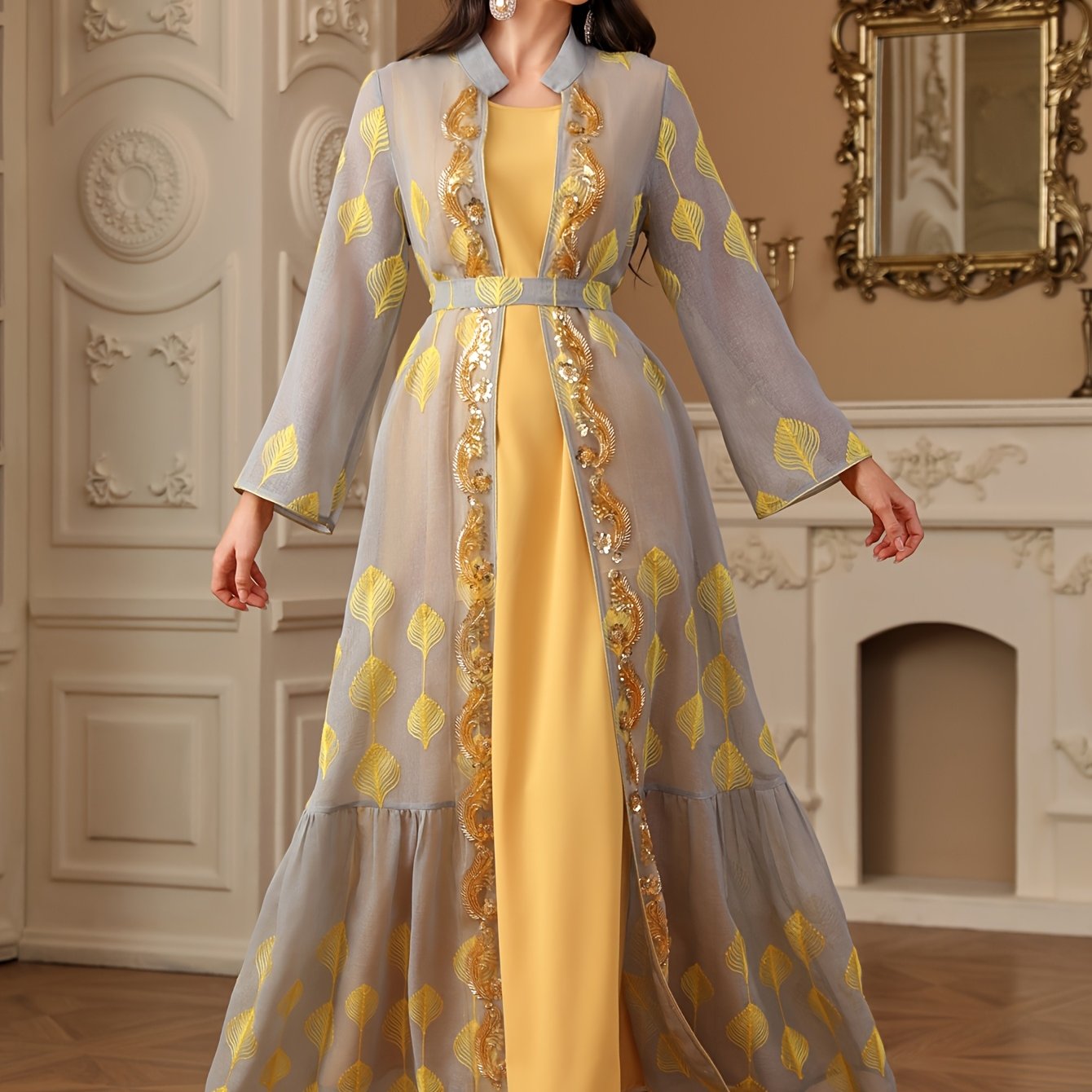 Stylish Round Neck Solid Color Long Abaya Gown Dress + Embroidered Sequin Beaded Long Sleeve Waist-Cinched Two-Piece Set