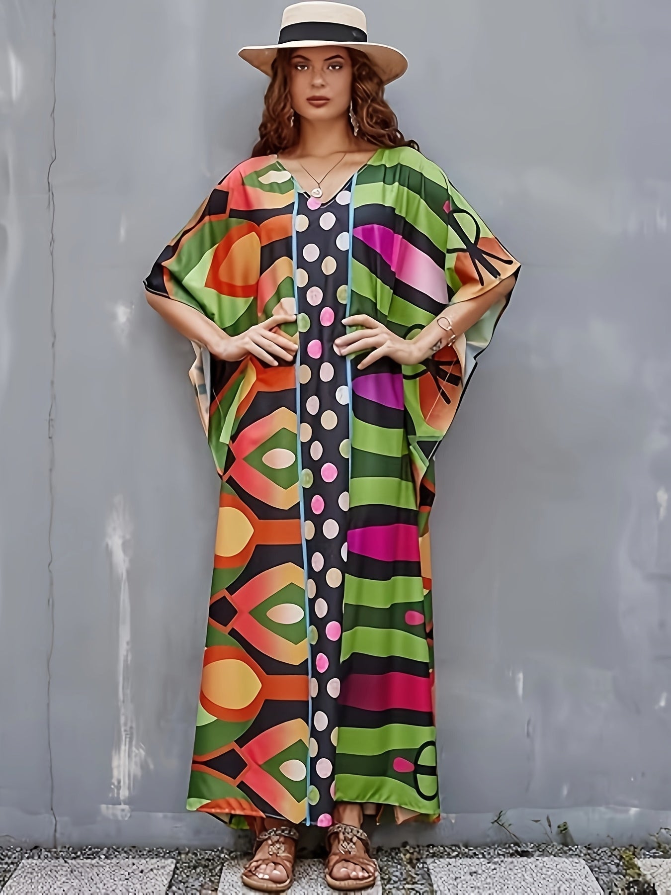 Kaftan Dresses for Women, V-Neck Print Beach Kaftan Swimsuit Cover Ups with Bow-Knot