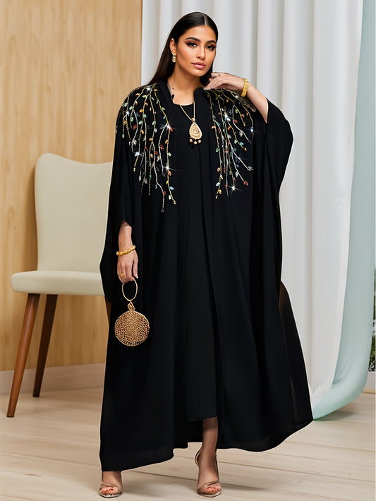 1pc Women's Black A-Line Abaya Dress with Sparkling Rhinestone Embellishments - Loose Fit Long Sleeve Elegant Party & Formal Wear for Birthdays, Weddings, Galas, Dresses for Party, Wedding Guest Attire, Flowy Fabric Gown, Nont