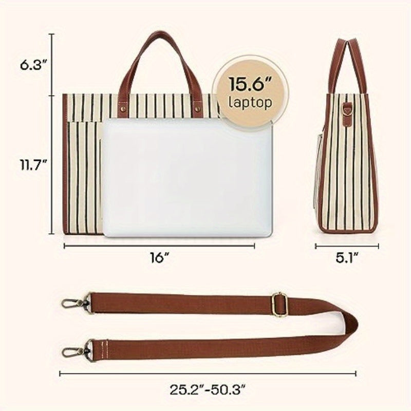 Leather Laptop Tote Bag, Canvas Laptop Bag 15.6 inch Work Shoulder Bags Casual Briefcase Handbag for Travel Office College Stripe