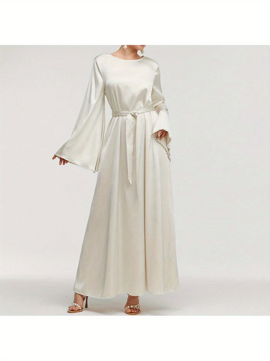 Elegant Round Neck Solid Color Flared Maxi Dress Long Sleeve with Pearl Cuff Detail, Modest A-Line Middle Eastern Turkish Abaya Party & Vacation Dress for Women