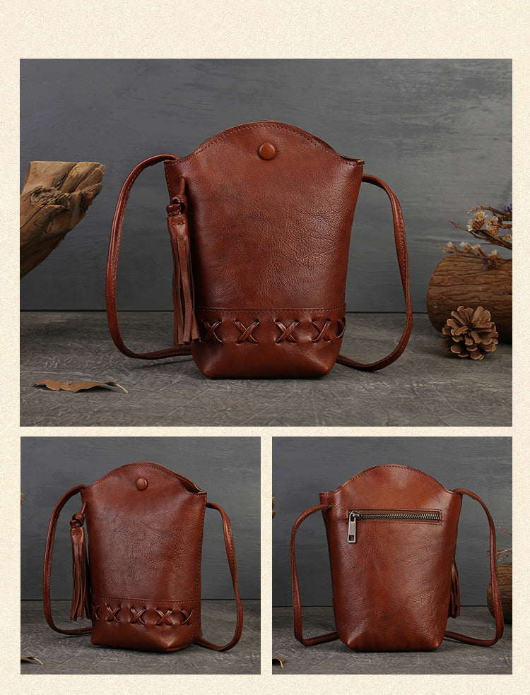 New Women's Bag with Design Sense, Retro Top-Grain Leather Cowhide Woven Phone Bag, Mini Crossbody Single-Shoulder Casual Fringed Bucket Bag