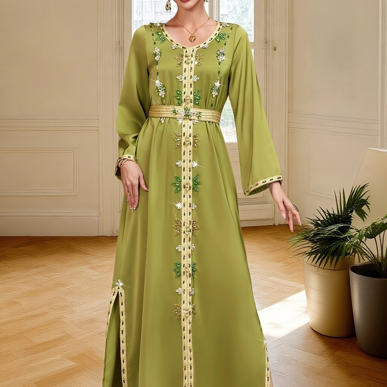 Women's Olive Green Emirati Abaya Gown with Sparkling Rhinestone Embellishments, Long Sleeves, and Belted Waist - Elegant Floor-Length Dress for Spring/Summer, Polyester Blend, Machine Washable