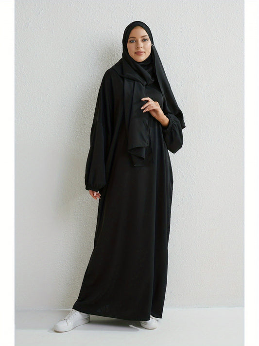 Elegant Islamic Hijab Dress for Women - Kaftan Style with Headscarf, Modest Middle Eastern Long Skirt Jibab Abaya, Loose Fit H-Silhouette, Long Sleeve Asymmetrical Hem, Solid Color Beige, Machine Washable for Ramadan Prayer & All Occasio