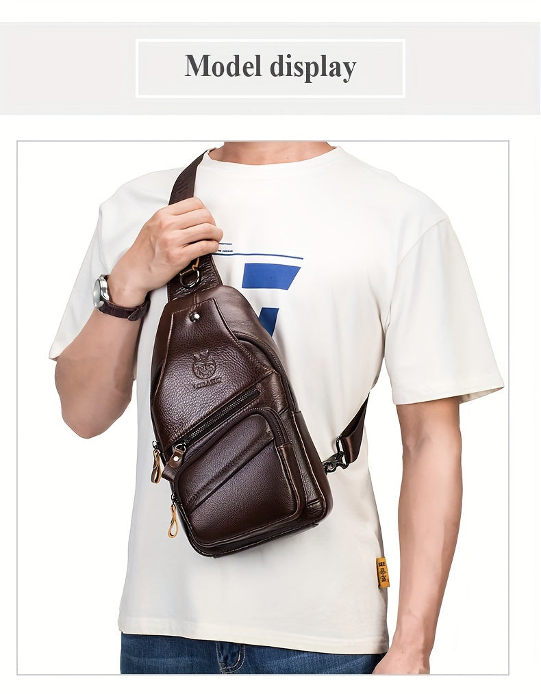 Men's Top Layer Cowhide Sling Bag, Genuine Leather Crossbody Bag, Retro Fashion Commuter Bag Multi-functional Travel Slant Shoulder Bag