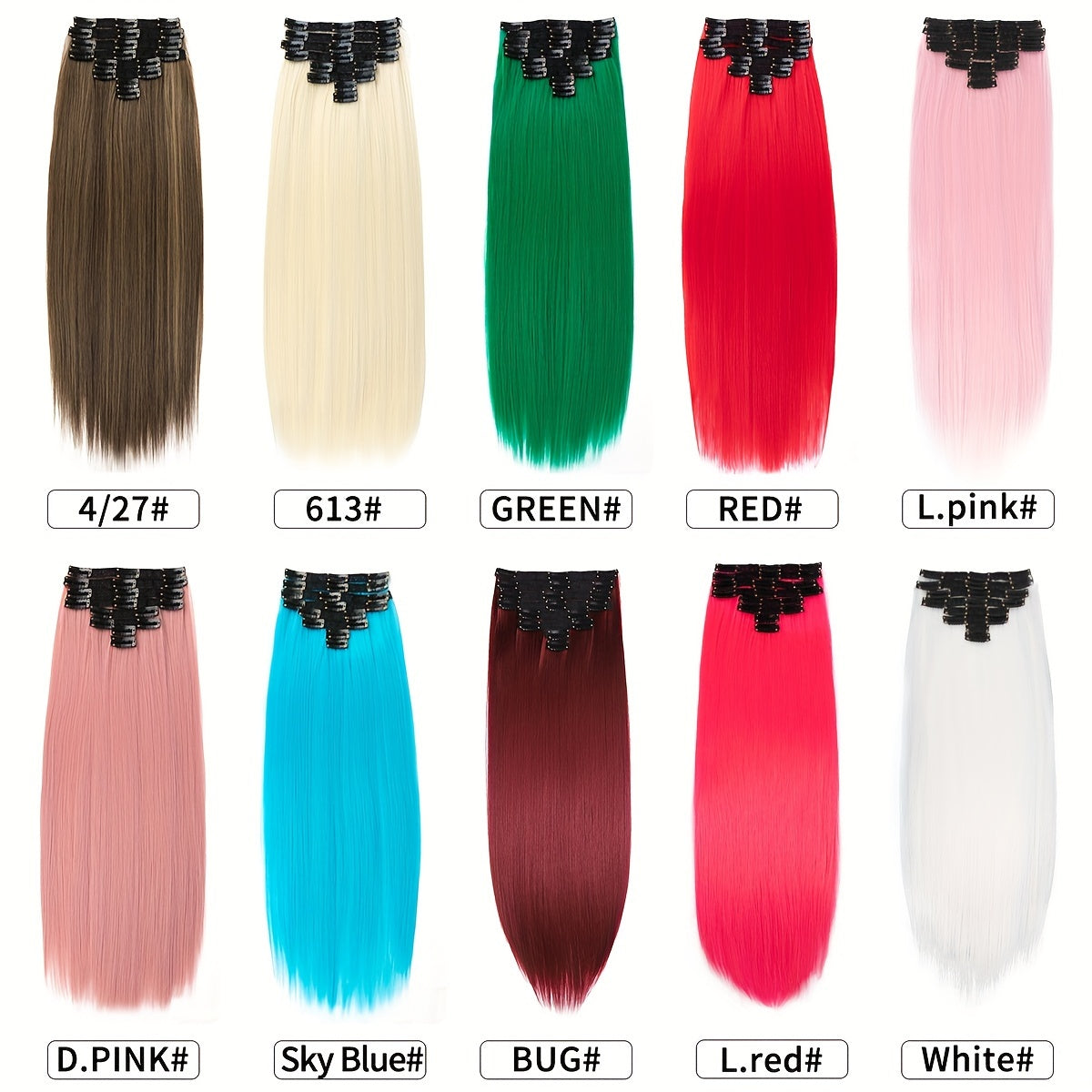 Synthetic Women's Hair Clipper 20 Inch 18 Clips/Set Long Straight Clip-in Hair Extension, Green, Pink, Brown, Red, Sky Blue Color Hair Extension Synthetic Braided Clip-in Hair Extension, Suitable for Straight Hair, Heat-resis