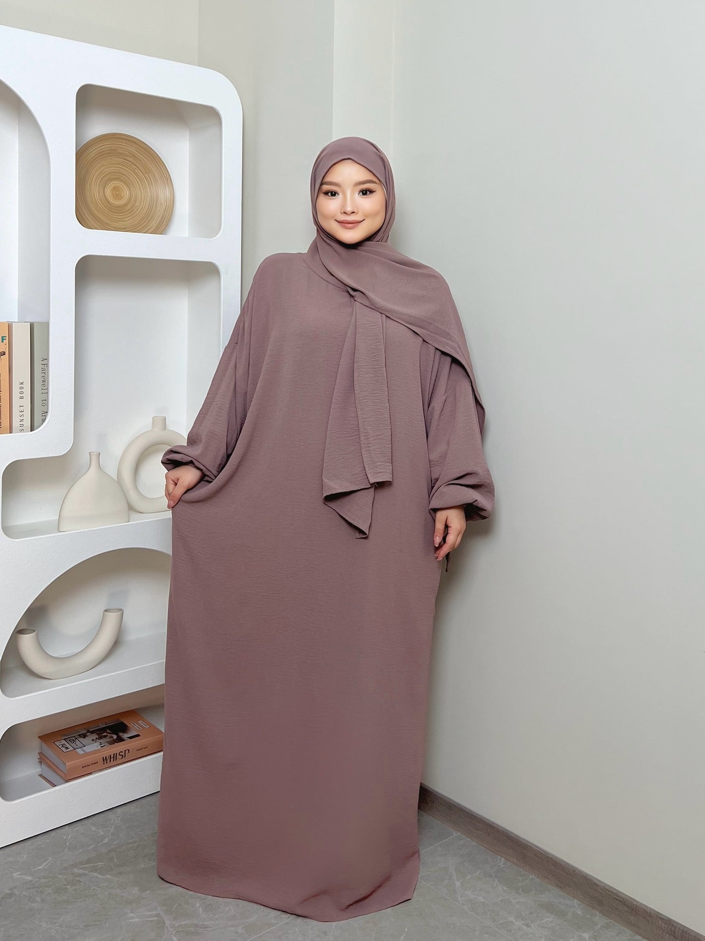 Elegant Crepe Hooded Jibab Abaya Hijab | Modest Long Sleeve Full Coverage Prayer Dress with Attached Scarf & Pockets, Machine Washable Medium Stretch Solid Color