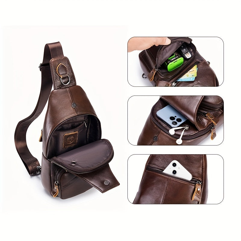 Men's Top Layer Cowhide Sling Bag, Genuine Leather Crossbody Bag, Retro Fashion Commuter Bag Multi-functional Travel Slant Shoulder Bag