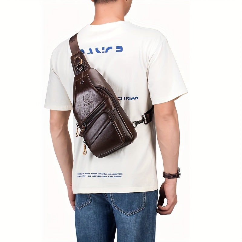 Men's Top Layer Cowhide Sling Bag, Genuine Leather Crossbody Bag, Retro Fashion Commuter Bag Multi-functional Travel Slant Shoulder Bag