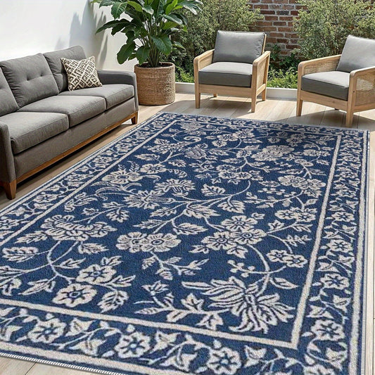 1pc Bohemia Blue and White Floral Patterned Area Rug, Easy to Maintain, Foldable Indoor Printed Floor Mat, Soft and Durable Machine-Washable Carpet, Suitable for Living Room, Bedroom, Dining Room, Hallway, Balcony, Home Decor