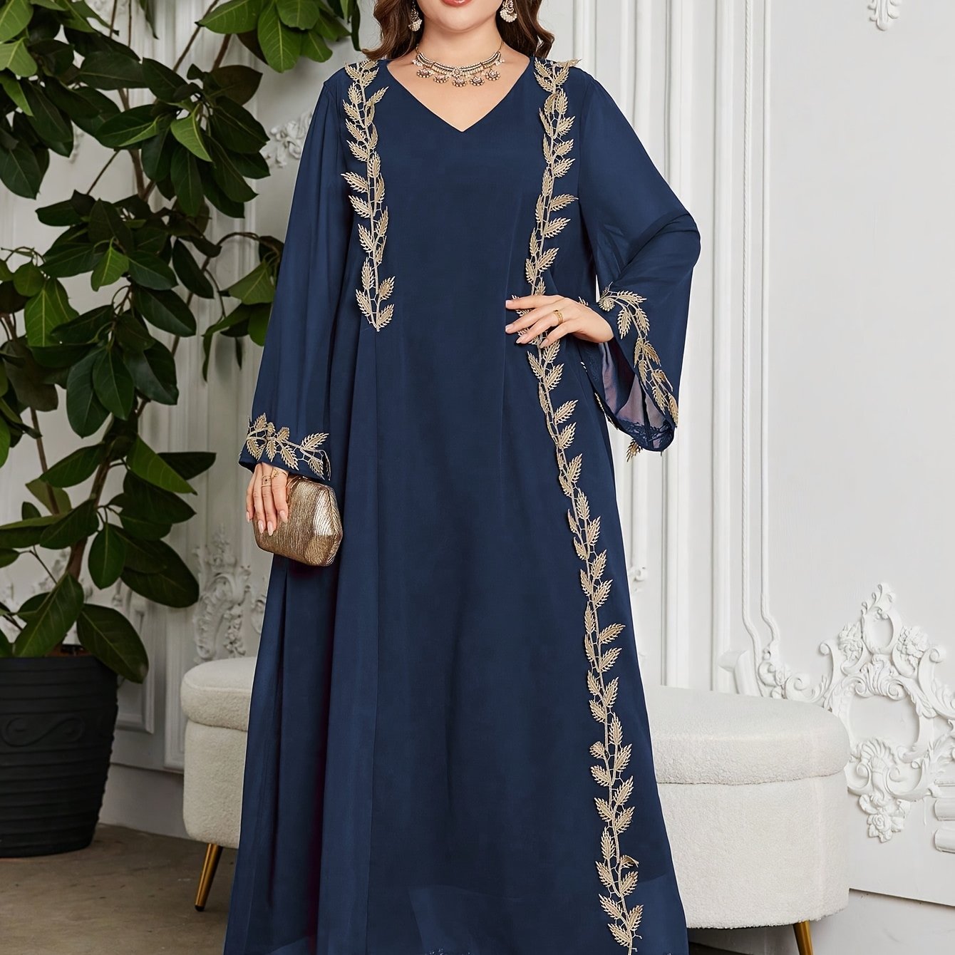 Plus size, Women's V-Neck Long Sleeve Golden Embroidered Ribbon Chiffon Loose Casual Comfortable Elegant Daily Party Plus Size Arabic Abaya Dress,