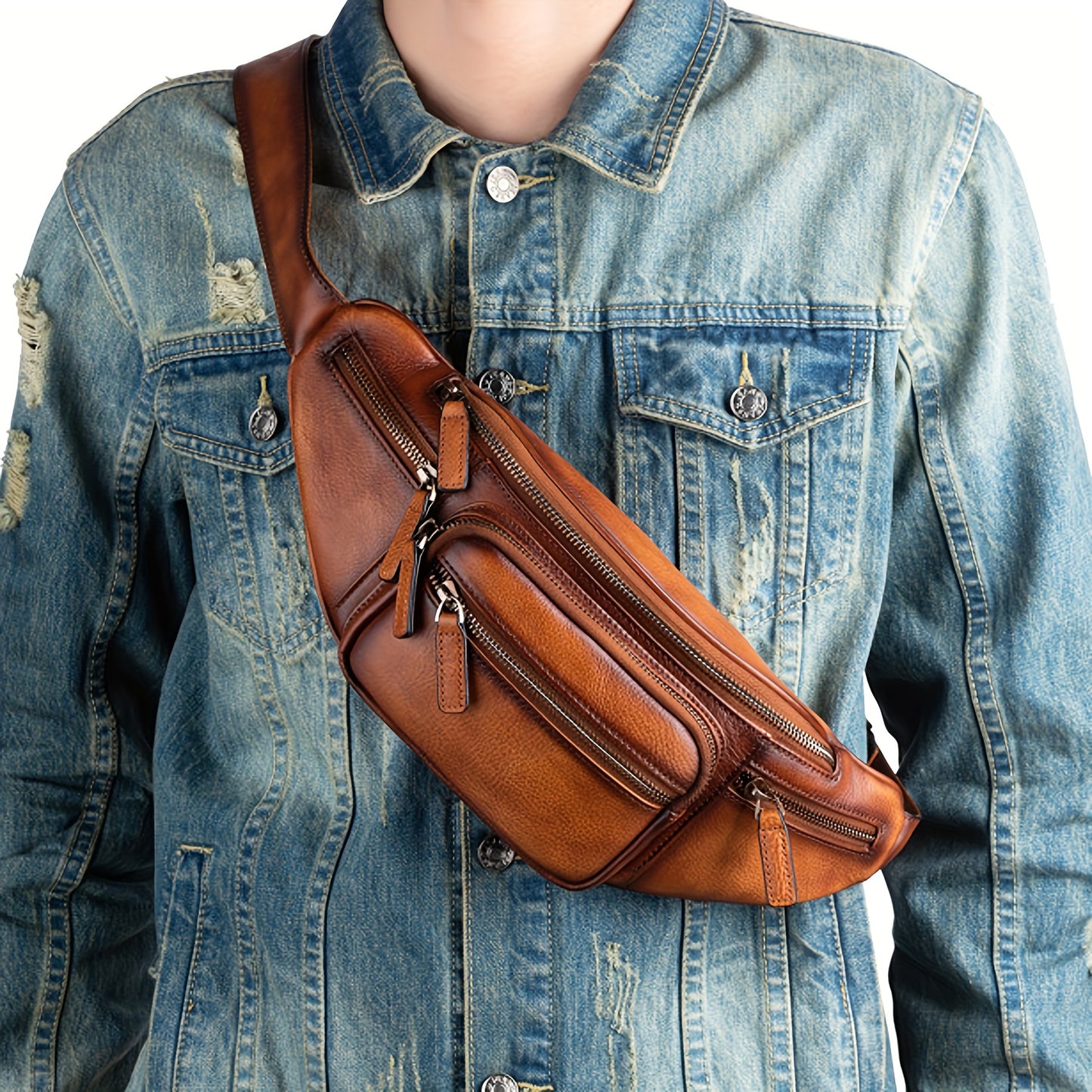 Premium Genuine Leather Fanny Pack for Men & Women - Adjustable Sling Bag with Multiple Zipper Pockets, Brown Leather Crossbody Chest Bag