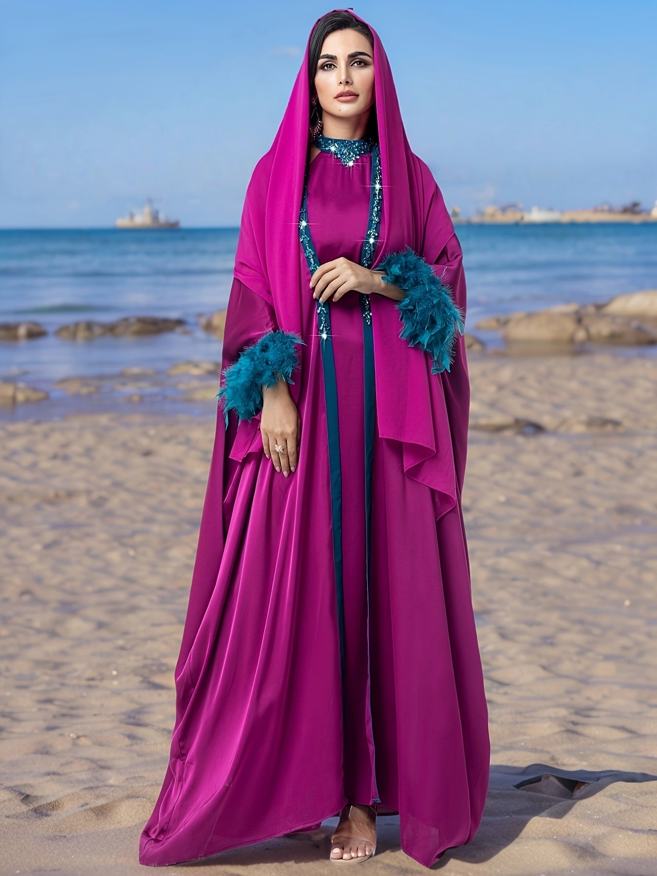 Elegant Purple Three-Piece Robe Set with Blue Sleeves and Sequined Collar, Featuring Modern Abaya Gown With Headscarf for an Air of Sophistication