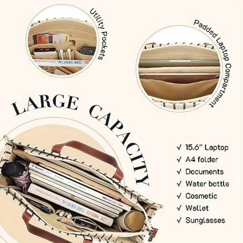 Leather Laptop Tote Bag, Canvas Laptop Bag 15.6 inch Work Shoulder Bags Casual Briefcase Handbag for Travel Office College Stripe