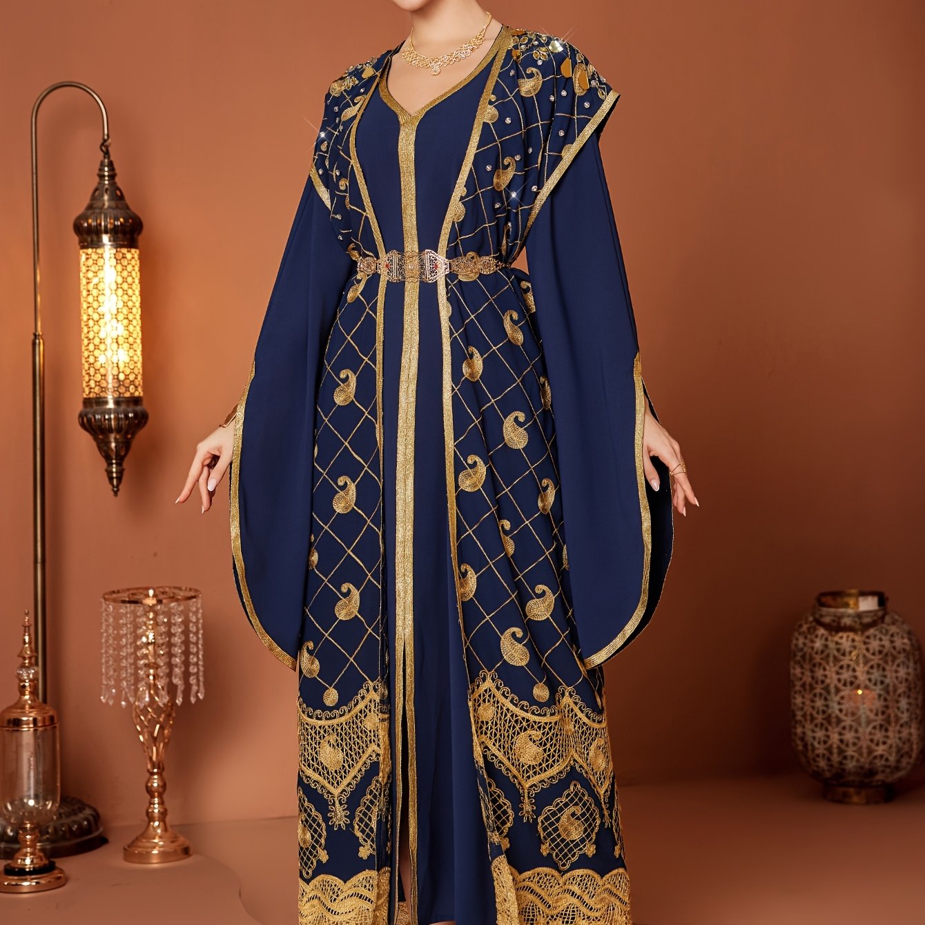 Elegant Long Sleeve Abaya Gown Dress | Women's Middle Eastern-Inspired Navy Blue & Golden Lace Trim - Lightweight 100% Polyester, Belted Waist, Hand Wash Only, Spring/Summer Casual to Formal Wear