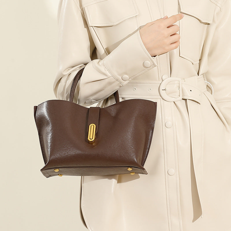 Genuine Leather Women's Crossbody Tote Bag - Vintage Style with Golden-Tone Buckle Closure