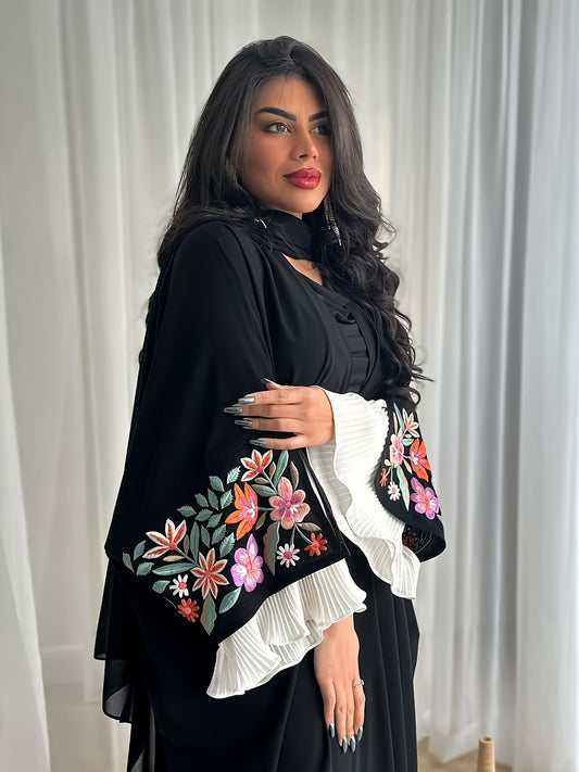 Women's Elegant Arabic Abaya Robe - Modest Islamic Full Coverage Long Dress with Floral wrist Accents, Black Formal & casual Muslim gown for Everyday Special Occasions, Versatile Layering Piece, Stylish Sheer Overlay, Delicate