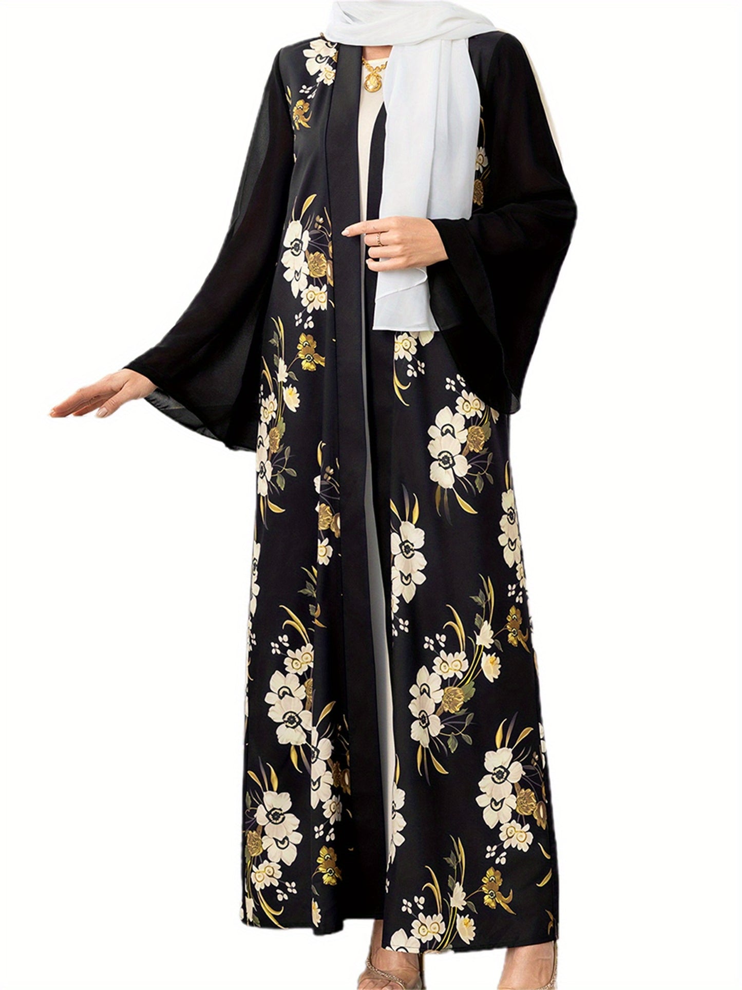 Elegant Black & White Floral Print Long Sleeve Kaftan Gown for Women - Loose Kimono Abaya with Golden Accents, Perfect for Spring and Summer Casual Wear, Comfortable Clothing