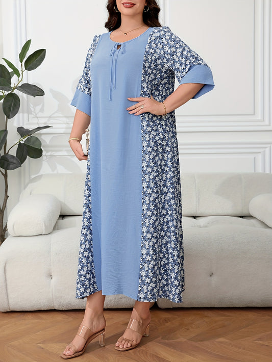 Plus Size Floral Print Tie Front Bow Baju Abaya - Blue Floral on Light Blue, Loose Fit Maxi Dress with Short Sleeves, Machine Washable Non-Stretch Fabric, Middle Eastern-Inspired Design