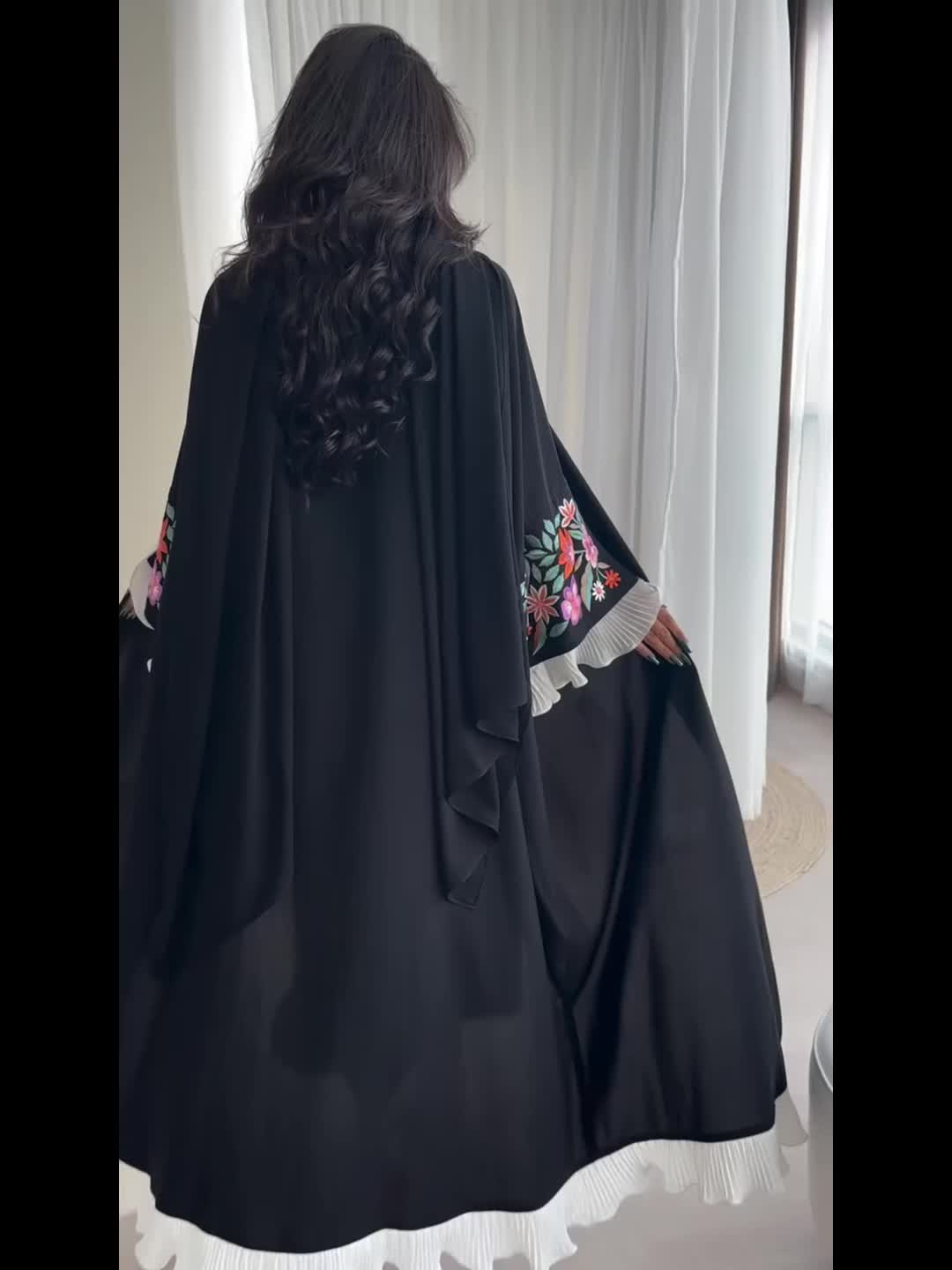 Women's Elegant Arabic Abaya Robe - Modest Islamic Full Coverage Long Dress with Floral wrist Accents, Black Formal & casual Muslim gown for Everyday Special Occasions, Versatile Layering Piece, Stylish Sheer Overlay, Delicate