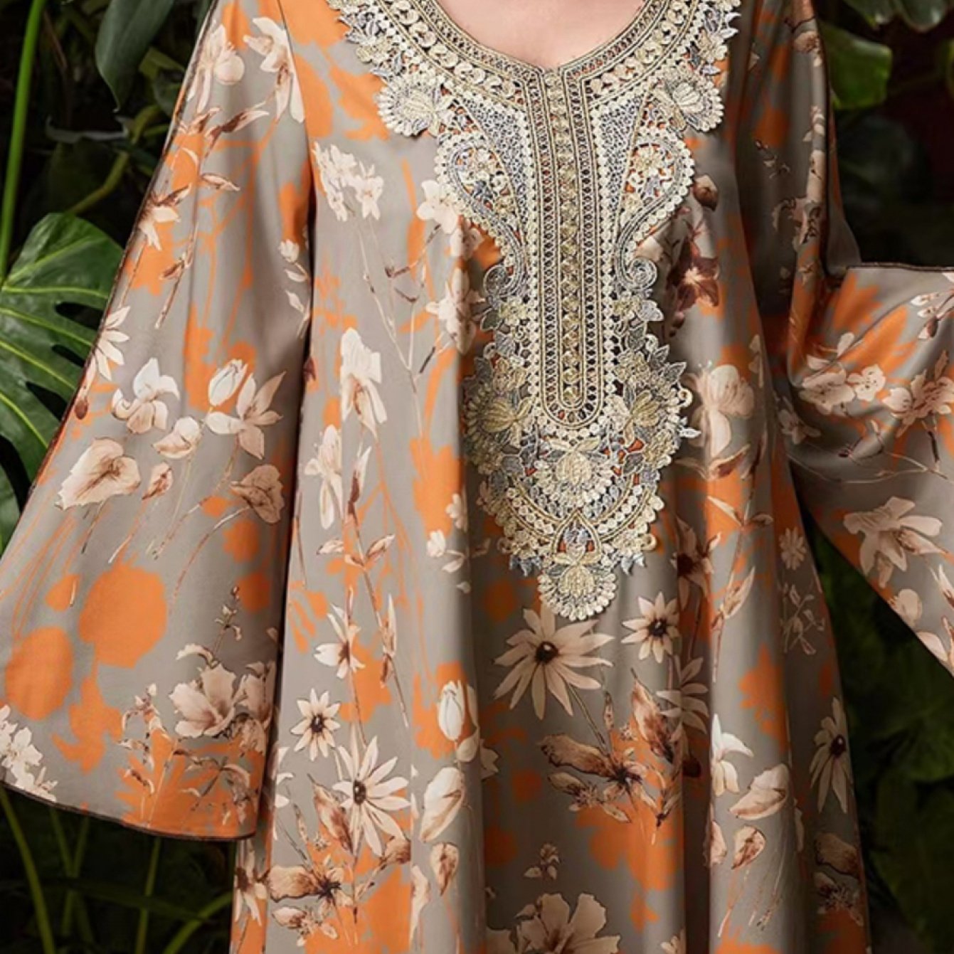 Plus Size, Women's Elegant Plus Size Floral Print Maxi Dress| Baju Abaya - Middle Eastern Bohemian Style Embroidery Long Dress