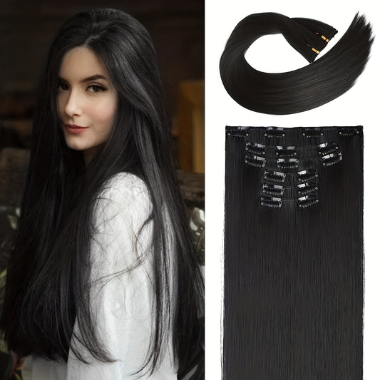 24 Inch Clip In Long Straight Synthetic Hair Extension | 6PCS Balayage Pale Golden Honey Thick Hairpieces