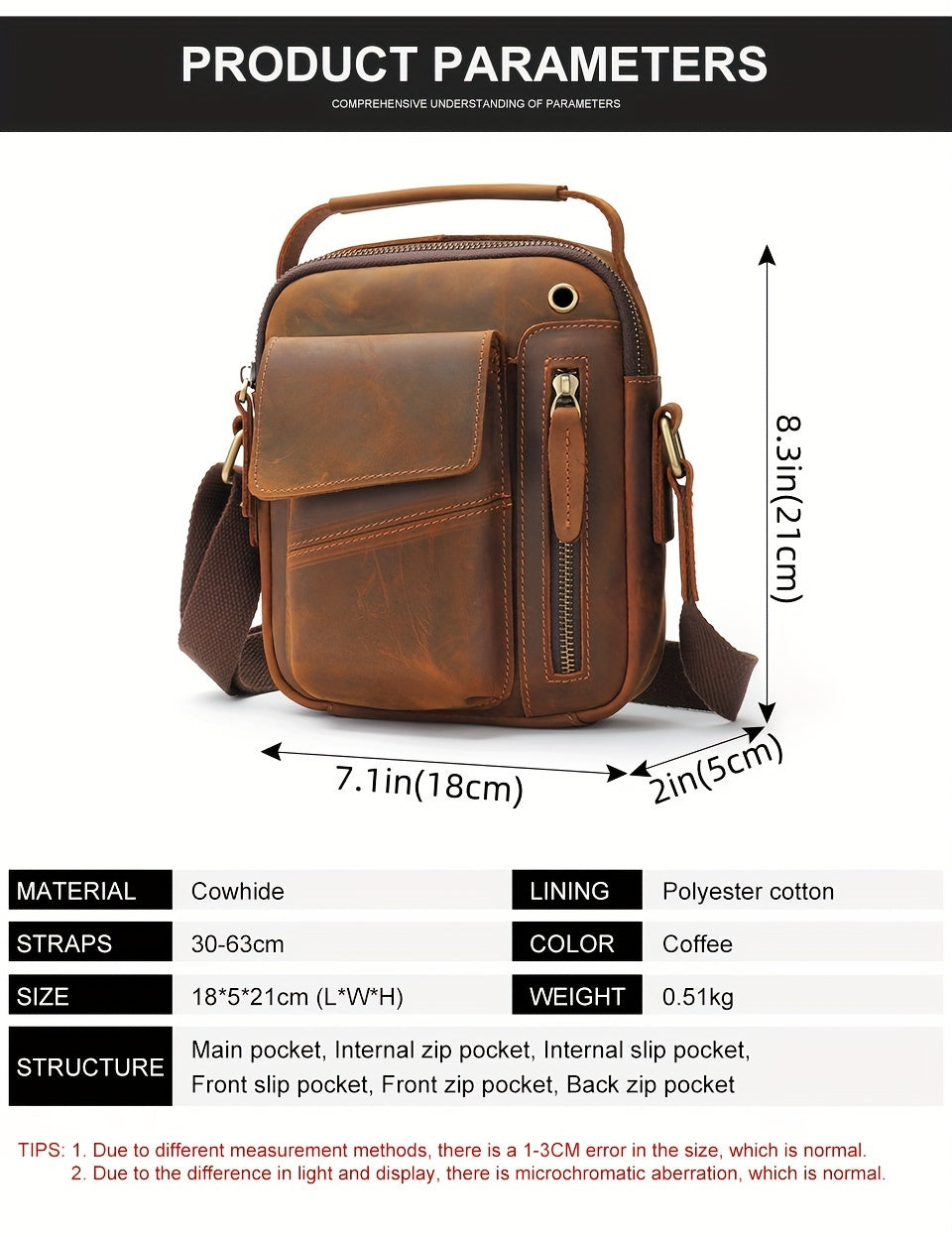 Crazy Horse Leather Shoulder Bag For Men, Fashionable Sling Bag For 7.9-in Tablet, Retro Crossbody Bag For Hanging Out & Daily Commute