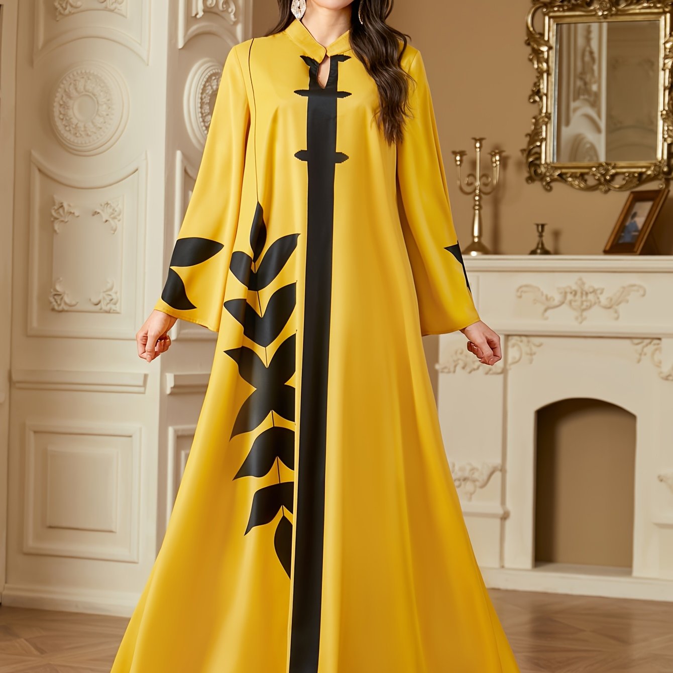 Stylish Elegant Tribal Print | Long Sleeve Baju Abaya | 100% Polyester, Non-Stretch Woven Fabric, Regular Sleeve, All Season, A-Fit, 120g/m², Versatile