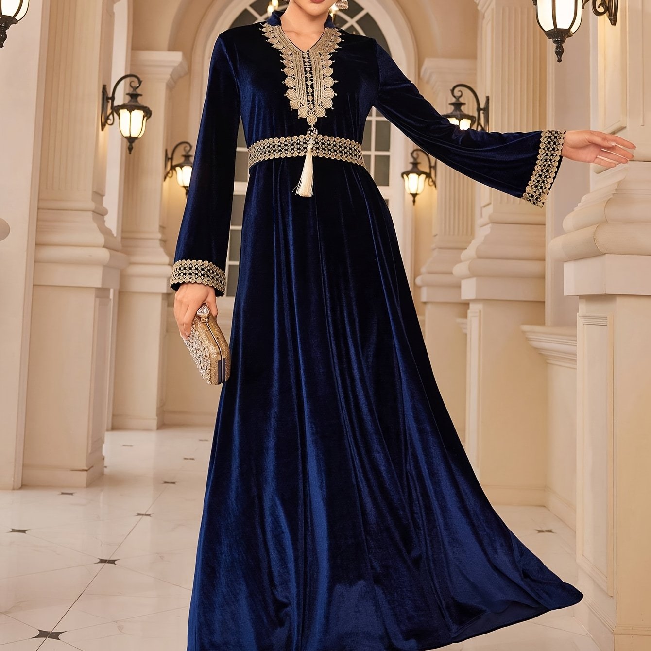Elegant Women's V-Neck Tassel Embroidered Long Sleeve Maxi Modern Abaya