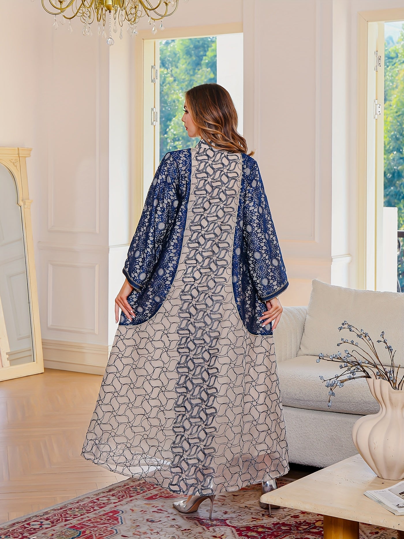 Polyester Abaya Long Dress | Geometric Pattern and Contrast Lace, Non-Stretch, Regular Sleeve, Modern Long Sleeve, All Seasons, Loose Fit, Woven Fabric, 200 g/m² Fabric Weight, 200 g/m²