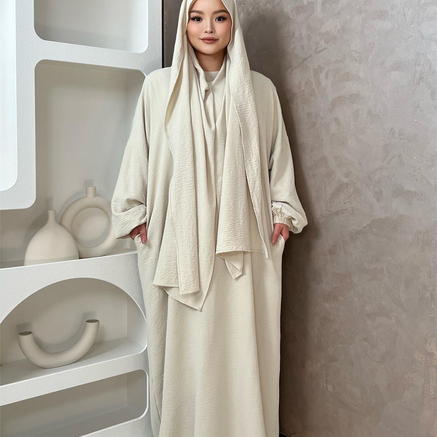 Elegant Crepe Hooded Jibab Abaya Hijab | Modest Long Sleeve Full Coverage Prayer Dress with Attached Scarf & Pockets, Machine Washable Medium Stretch Solid Color