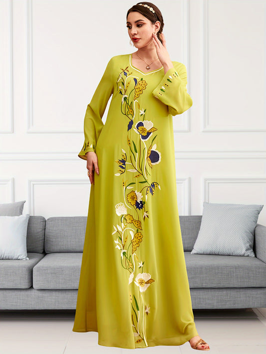 Elegant Embroidered Long Sleeve Maxi Baju Abaya - Polyester, Machine Washable, Non-Stretch Fabric for Women