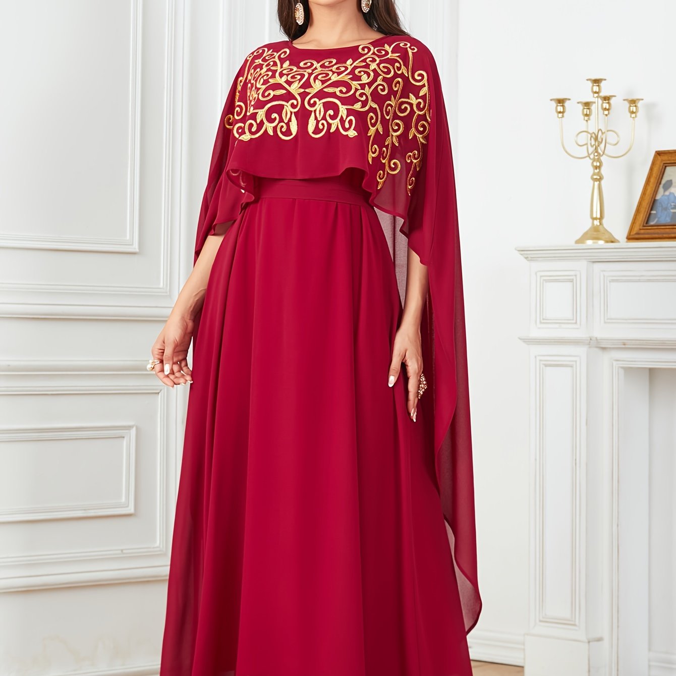 Stylish Long Cape with Lace Edge and Embroidery, Two-piece Set, Robe with Waistband and Body-hugging Abaya Dress
