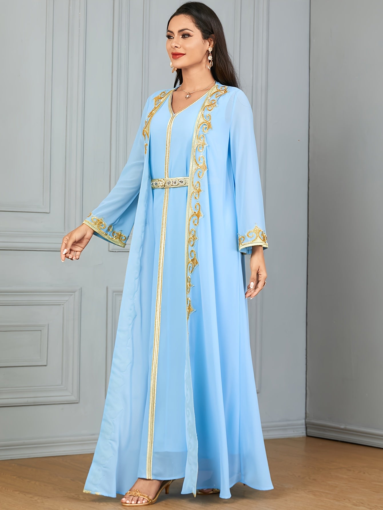 New Middle Eastern Emirati Abaya Dress + Cardigan Lace Embroidery Long Sleeve Two-Piece Robe Dress